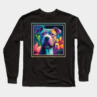 Happy American Staffordshire Pit Bull Dog Vibrant Tropical Flower Digital Oil Painting Portrait Long Sleeve T-Shirt